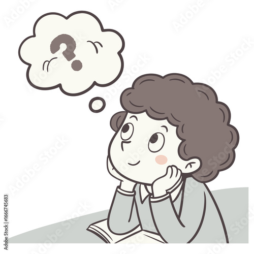 Print Vector Illustration of a Young Boy Wondering and Learning with an Open Schoolbook