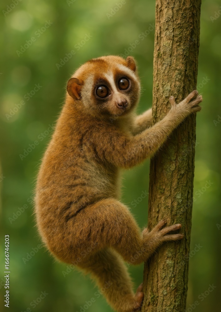 Obraz premium Slow loris climbing tree trunk