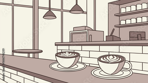 Coffee shop counter with latte art cups and brick wall