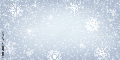 Snowfall. White snow falling white teal blue background. Winter dust ice particles and snowflakes. Christmas and new year winter theme. Festive vector illustration for holiday decoration