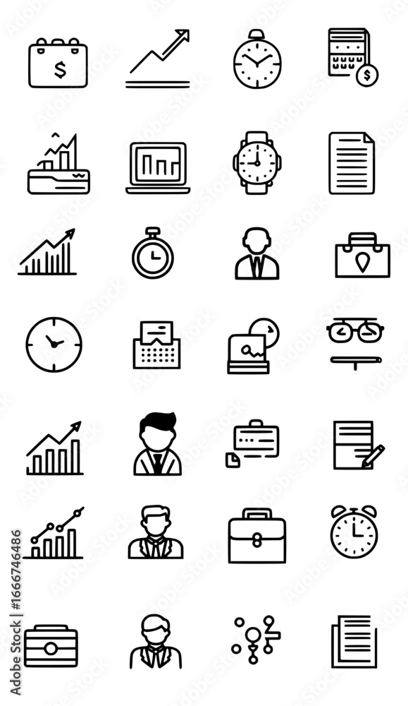 Fototapeta premium Business icons collection featuring financial symbols, time management tools, and professional elements, ideal for corporate design projects and presentations with copy space