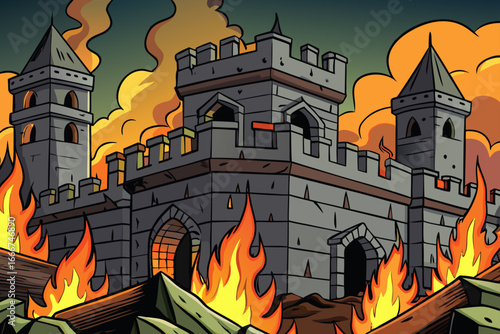 Fire ruins of ancient castle burning with collapsing walls and smoke