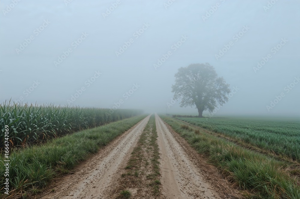 Naklejka premium Foggy morning on a dirt path winding through vast cornfields in a peaceful rural setting
