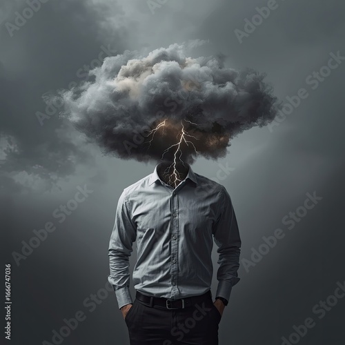 A man in a gray shirt stands against a dark stormy sky, with a thundercloud for a head, symbolizing stress and turmoil.