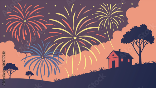 Colorful fireworks over a village scene with a house and trees