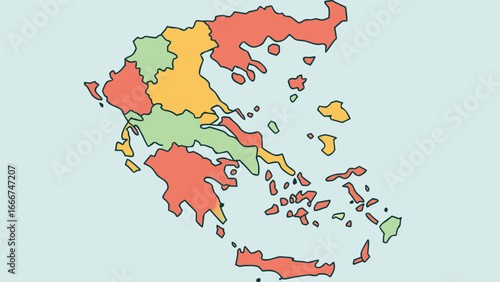 Colorful map of Greece divided into regions by color