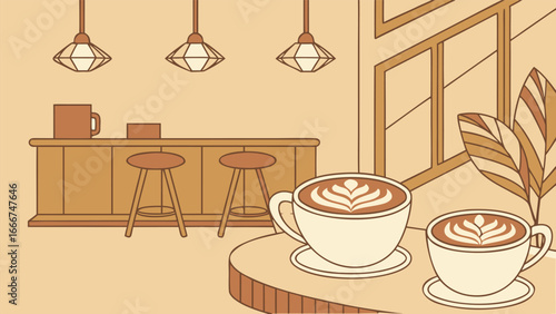 Cozy coffee shop interior with latte art cups and bar