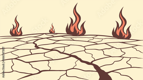 Cracked Dry Earth with Flames in a Barren Landscape