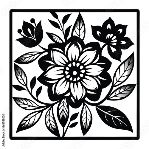 Black Floral Ornament in Square Frame Featuring Flowers, Leaves, and Elegant Branches
