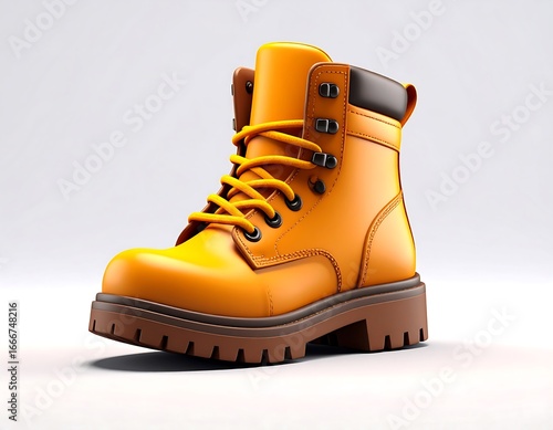 Vibrant 3D rendered yellow work boot with sturdy brown sole and contrasting laces, presented in a clean studio shot, embodying the spirit of Labor Day, hard work, and skilled trades.