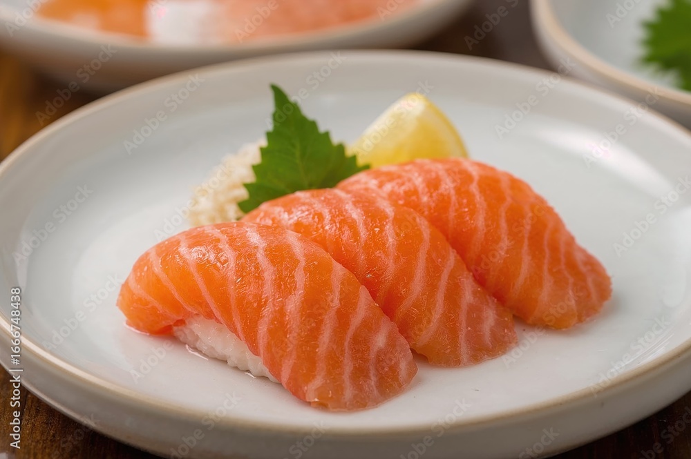 Close-up of salmon sashimi artfully arranged on dishes Close-up of salmon sashimi artfully arranged on dishes