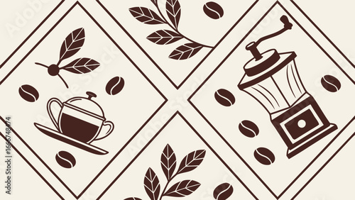Decorative pattern with coffee beans, leaves, cup, and grinder