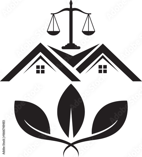 Leaf and law home shape concept logo design template. black Scales logo concepts. Law firm with Leaf logo vector
