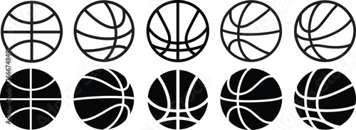 Basketball icon set, collection of black and white basketball symbols, flat vector illustration, minimalist sports design for creative projects