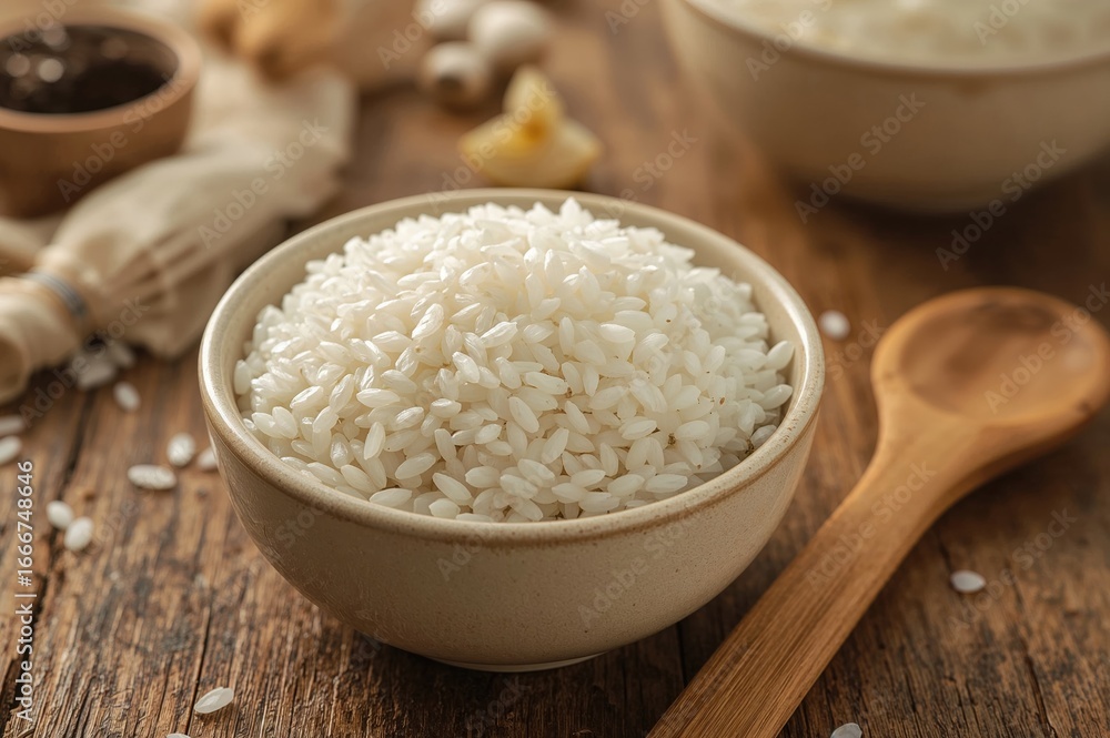Close-up of rice grains in a pottery dish illuminated by gentle light with a wooden utensil beside, creating a warm and natural cooking vibe Close-up of rice grains in a pottery dish illuminated by gentle light with a wooden utensil beside, creating a warm and natural cooking vibe