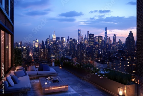 luxury penthouse terrace with panoramic city skyline view.