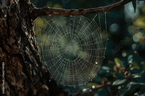 Detailed view of a spider's web stretched across a tree limb