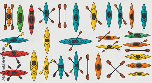 Colorful Kayaks and Paddles Fun Water Sports Vector Illustration