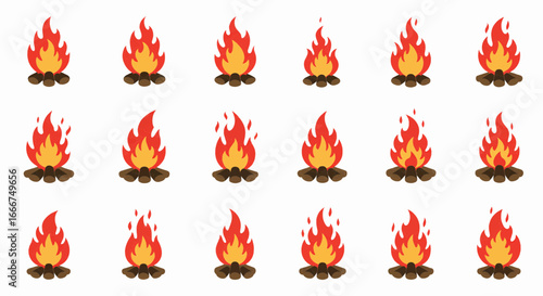 A Collection of Colorful Fire Icons Depicting Flames and Burning Embers on Wooden Logs