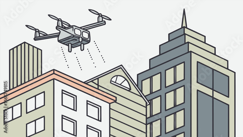 Drone delivering package over city buildings quadcopter