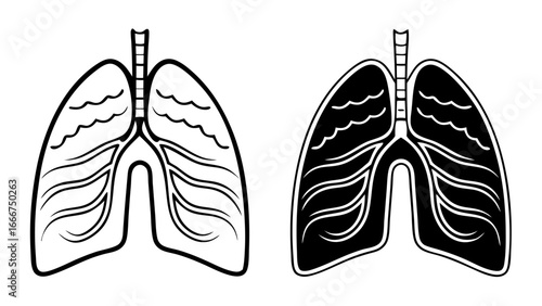 Breathing Exercise Icons with lungs and calm wave lines in Outline and Solid Black Vector Icon Style