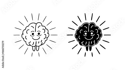 Happy Brain Icons of a smiling brain with sun rays in Outline and Solid Black Vector Icon Style.