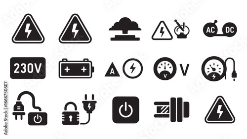 Electrical voltage marking glyph icon set. Vector pictograms of power plug, lightning, hazard, fuse, energy, warning tagout, black sign silhouette illustration.