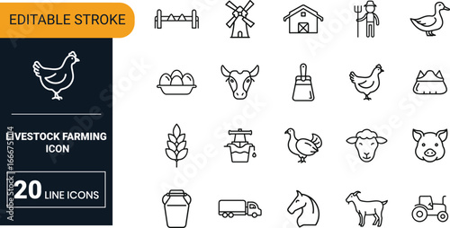 Livestock farming vector icon set collection with cow, sheep, goat, poultry, barn, agriculture, milk, meat and rural economy