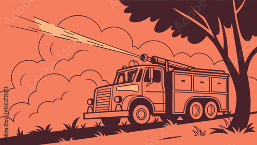 Fire truck spraying water on a tree with orange sky