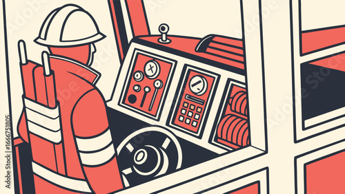 Firefighter in uniform driving a fire truck control panel