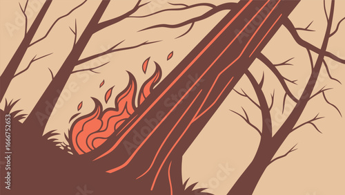 Forest Scene with a Tree Trunk on Fire trees woods