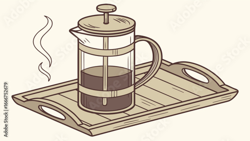 French Press Coffee Maker on a Wooden Tray hot beverage