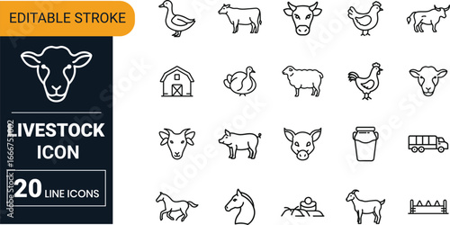 Livestock vector icon set collection with cow, sheep, pig, chicken, goat, horse, farm animals, agriculture and rural food source