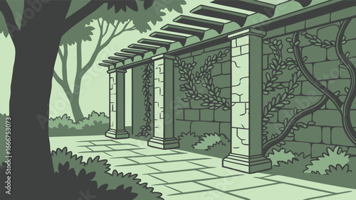 Garden pergola with stone pillars and climbing vines