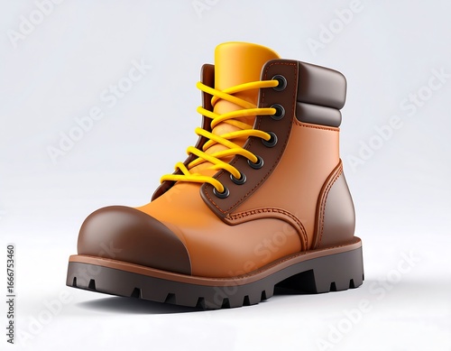Stylized 3D render of a brown and yellow work boot with vibrant yellow laces, dark brown sole and toe cap, standing angled against a clean white background, symbolizing hard work and Labor Day.