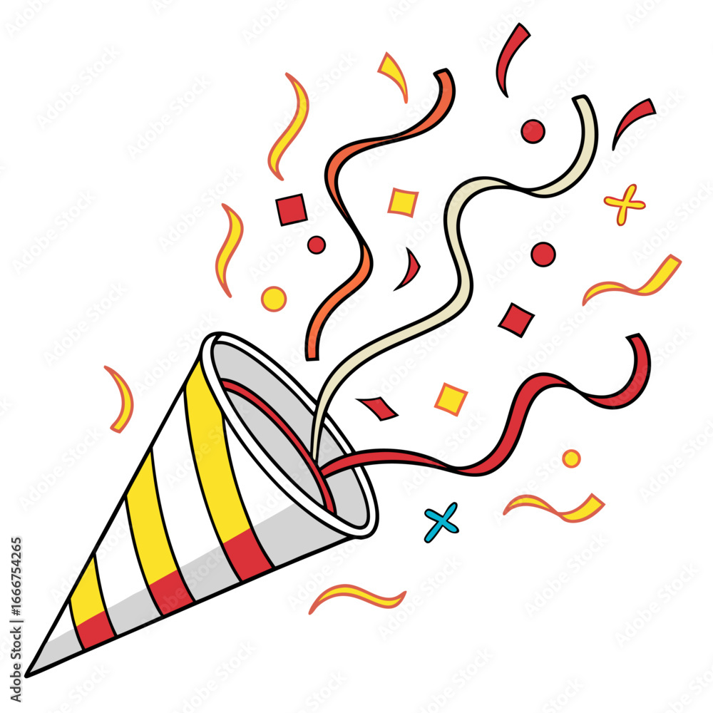 Obraz premium Colorful party popper with streamers and confetti for celebration and festival decoration