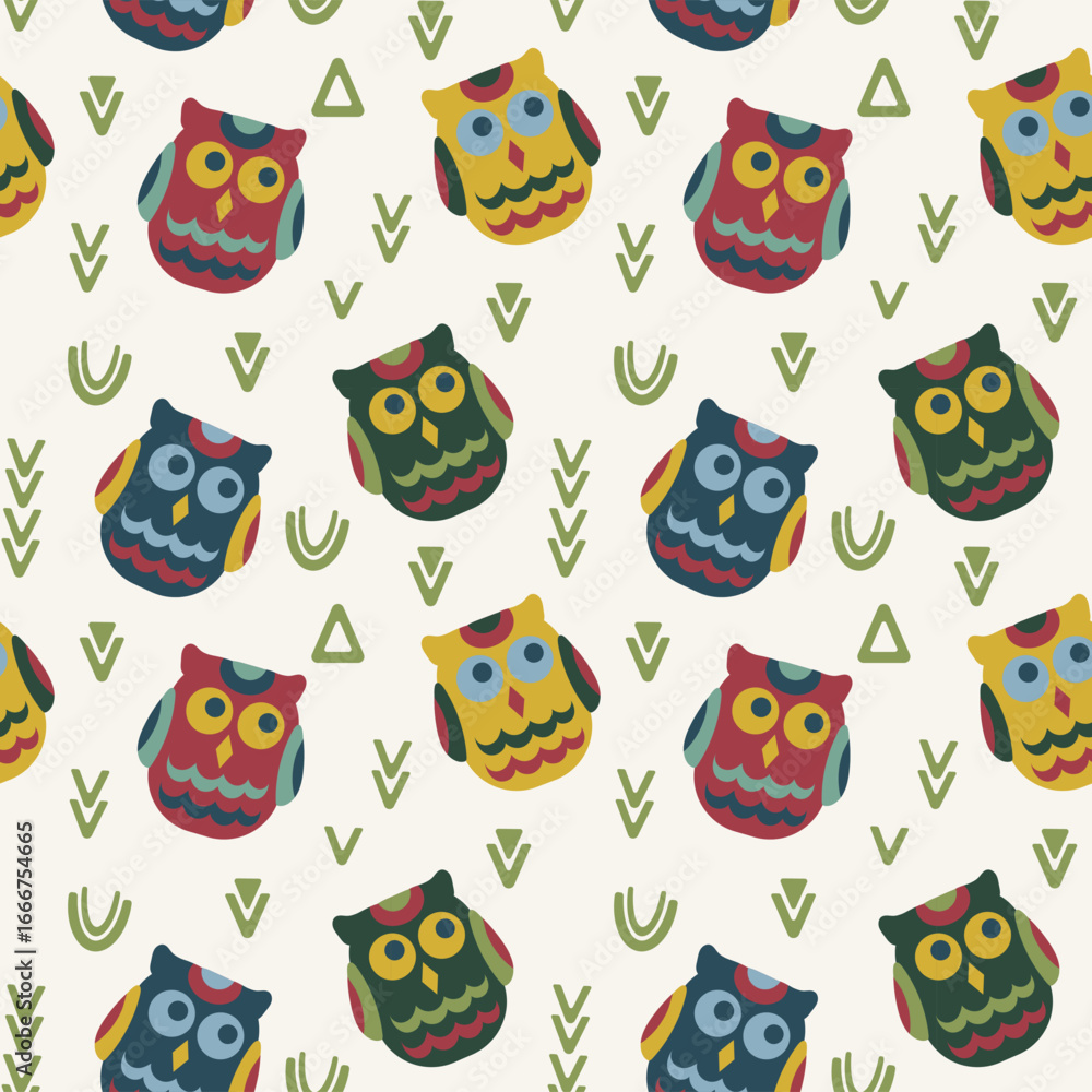Obraz premium Festive cozy pattern with winter birds and geometric Scandinavian elements. Owl as symbol north in forest. New Year winter holiday design for wrapping paper, banners and flyers, fabric and textile.