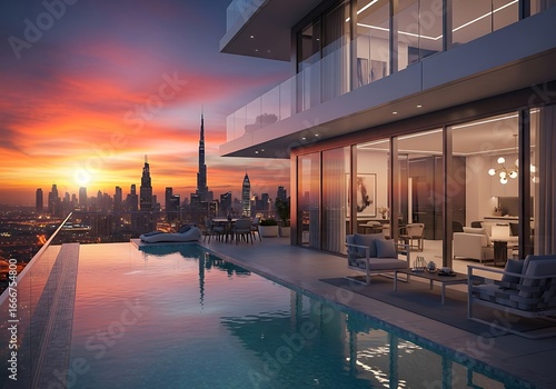 Fototapeta Naklejka Na Ścianę i Meble -  Rooftop infinity pool overlooking Dubai skyline at sunset