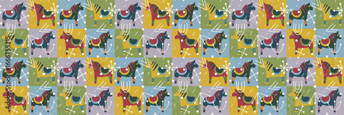 Cozy, warm pattern with Swedish horses in Scandinavian style. Fashionable symbol of the new year. Christmas background in the form of a patchwork quilt with squares for wrapping paper and fabric.