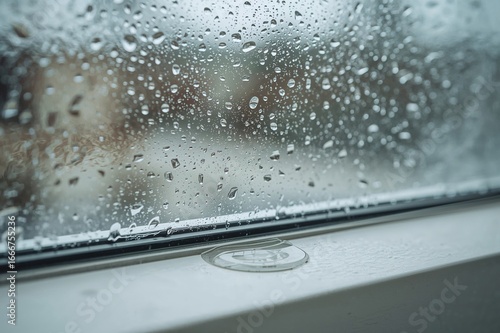 Detailed view of moisture and droplets forming inside contemporary plastic windows. Accumulation of water is visible on the window ledge.