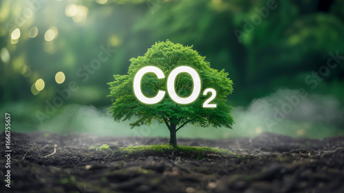 Fototapeta Naklejka Na Ścianę i Meble -  Lush green tree bearing bright CO2 symbol in misty atmospheric forest setting