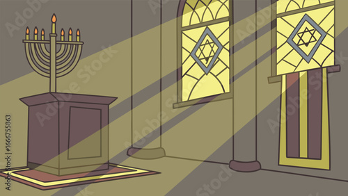 Interior of a synagogue with a menorah and stained glass windows