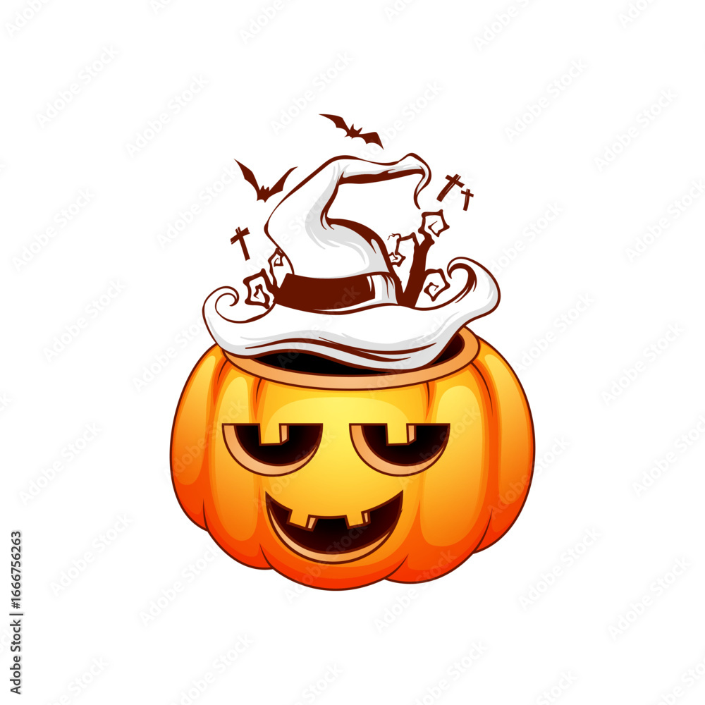 Obraz premium Spooky Pumpkin Halloween: A cheerful jack-o'-lantern wears a witch's hat, with bats and tombstones, representing the spirit of Halloween in a whimsical, digitally crafted illustration. 