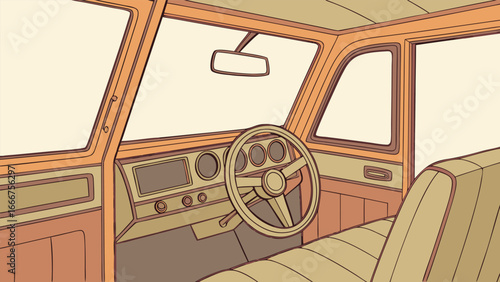 Interior view of a vintage van dashboard and seats