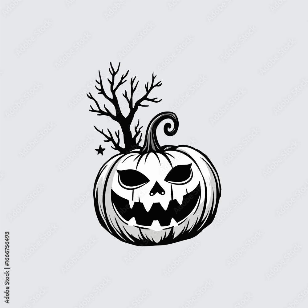 Obraz premium Spooky Jack-O'-Lantern: A chilling black and white illustration of a carved pumpkin with a sinister grin, perfect for Halloween.