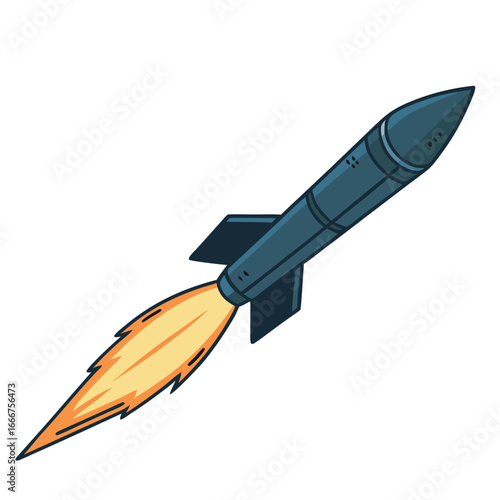 Dark blue rocket launching with orange flame space travel