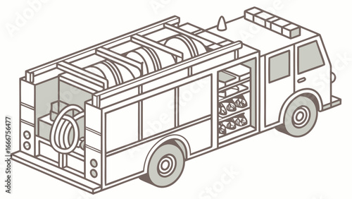 Isometric illustration of a fire truck with equipment
