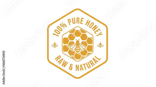 Exquisite vector emblem for natural honey, showcasing a golden bee amidst a intricate honeycomb pattern, highlighting purity and raw quality for authentic product branding and packaging design