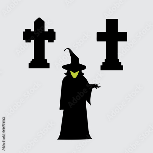 Mysterious Witch Silhouette at Dusk: An intriguing illustration features a shrouded witch amidst two eerie crosses under a dusky sky, creating an atmosphere of suspense.