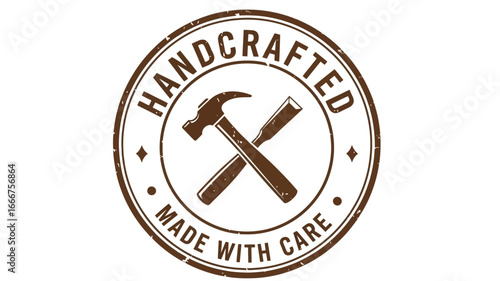 Handcrafted excellence symbolized by a rustic circular badge with crossed hammer and chisel, representing meticulous artisan quality and traditional workmanship